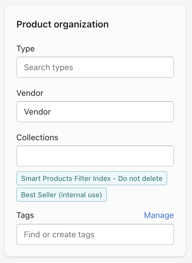 Shopify product organization form