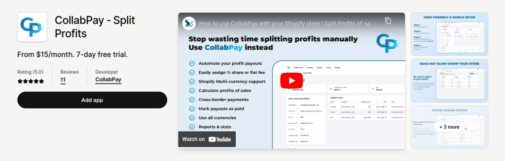 Screenshot of CollabPay app in the Shopify app store.