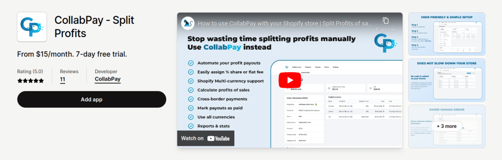 Screenshot of CollabPay application in Shopify app store