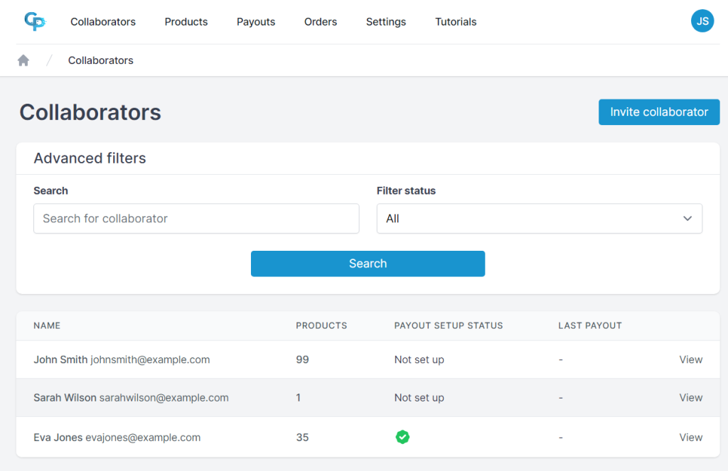 Screenshot of Collaborators page for individual account in CollabPay