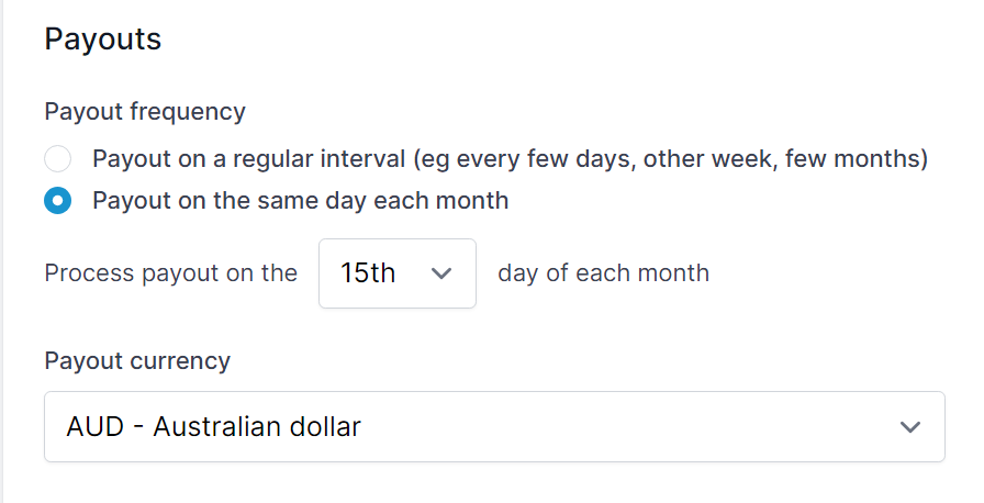 CollabPay screenshot showing payout frequency options.