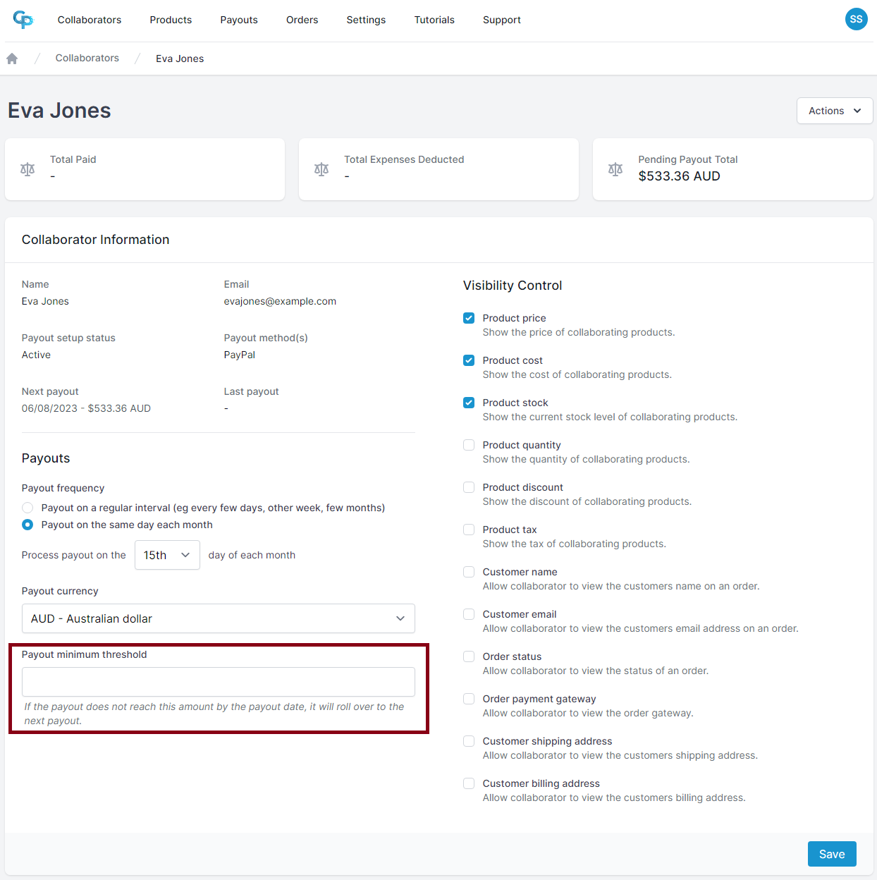 Payout threshold | CollabPay Documentation