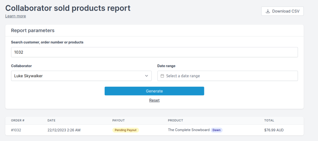 Example of report filters selected